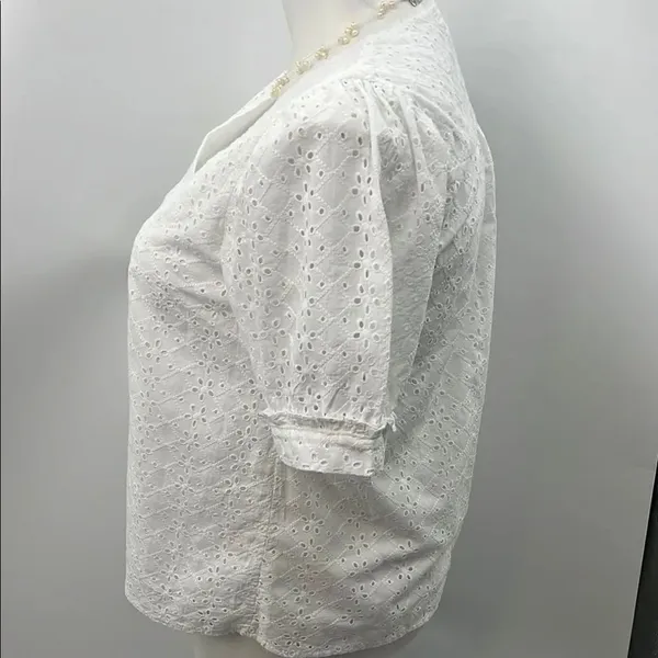 Draper James White Puff Sleeve Ruffled Eyelet Blouse - Image 4