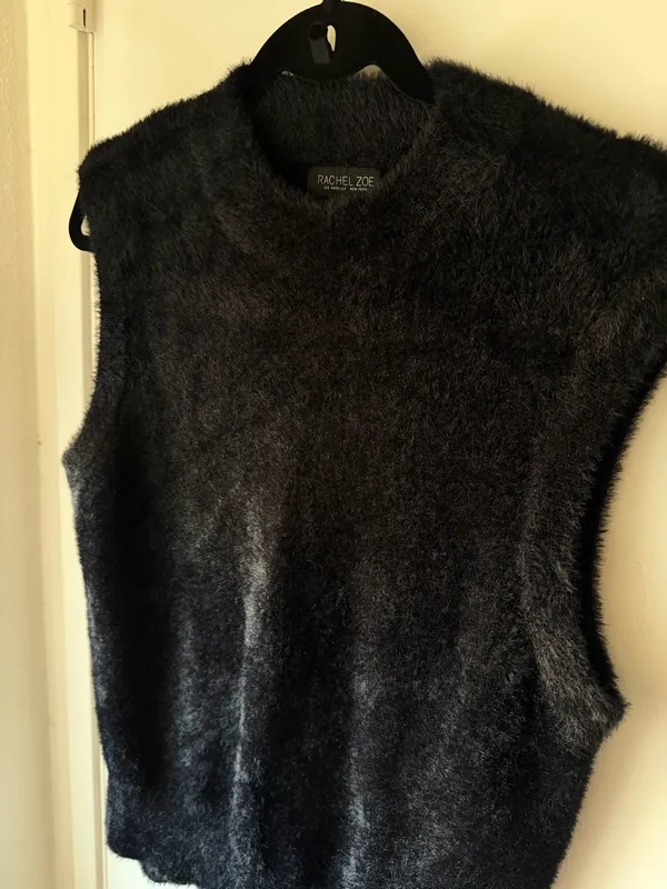 Rachel Zoe Black Fuzzy Knit Mock Neck Sleeveless Sweater Vest - Image 3