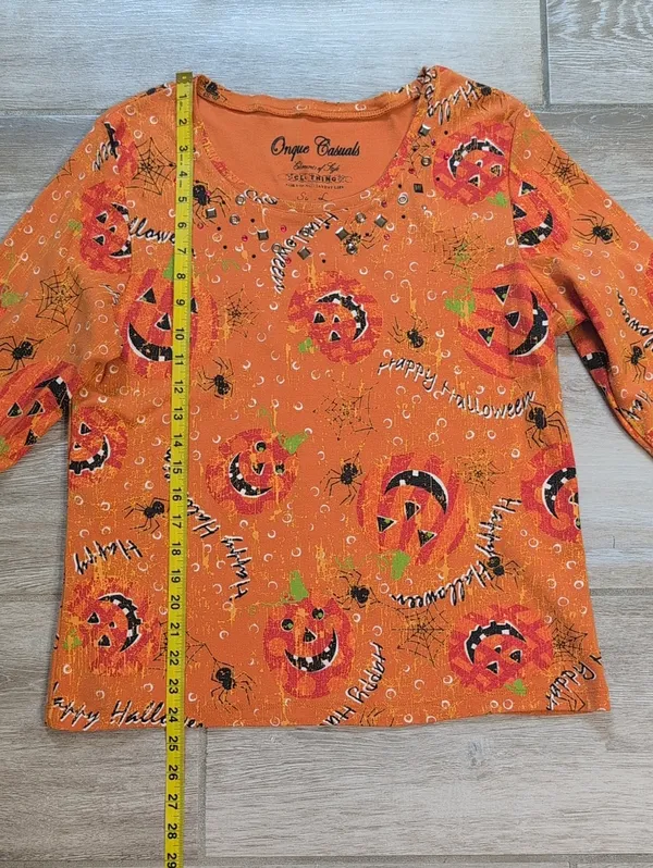 Onque Casuals 3/4 Sleeve Halloween Top | Pumpkin Halloween Pattern Shirt - Image 5