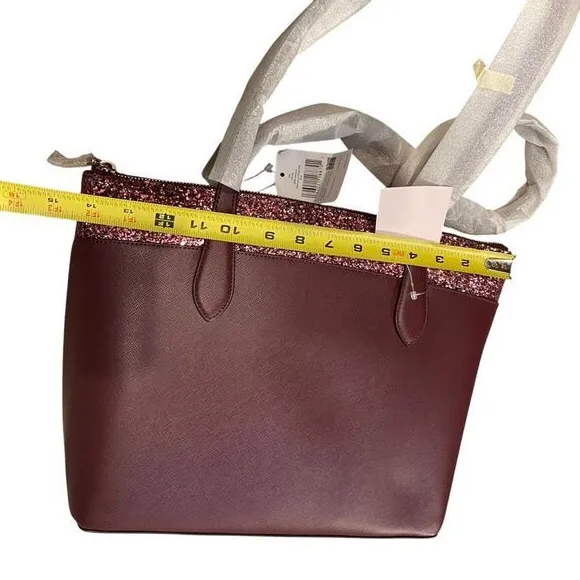 Kate Spade Flash Glitter‎ Shoulder Tote Bag Maroon Zip Top Sparkle Evening New - Image 12