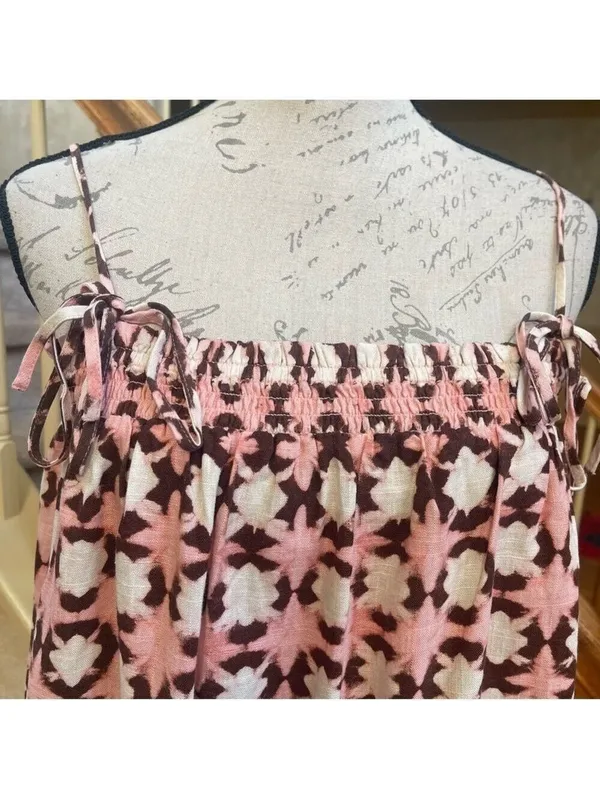 LOFT Geometric Print Linen blend Smocked Swing Tank Top Pink White Brown Size L - Image 4