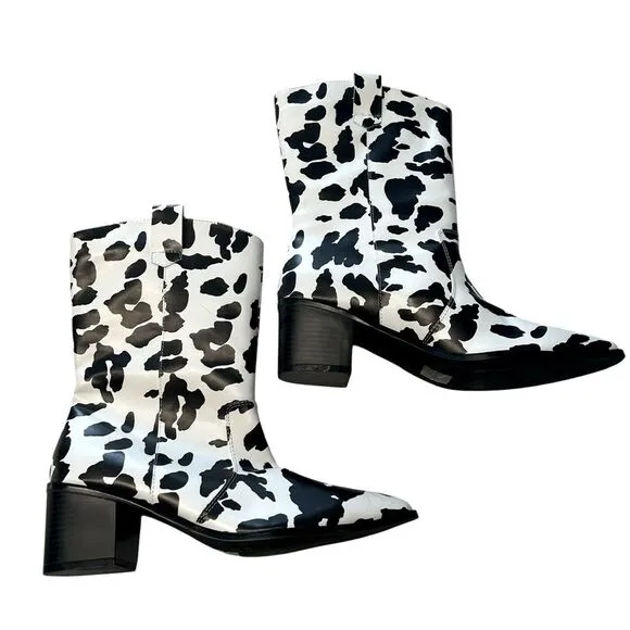 Cow Print Faux Leather Cowgirl Boots White Black Pointed‎ Toe Festival Size 9 - Image 2