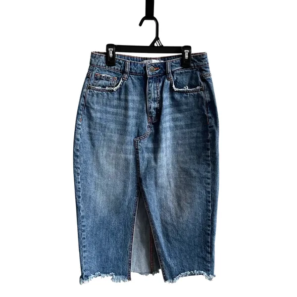 Zara‎ Denim Midi Skirt Womens XS Blue Grunge Frayed Hem Front Slit High Waist - Image 2