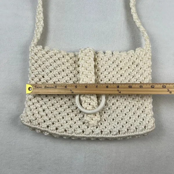 Macrame Shoulder Bag Women Medium‎ Cream Excellent Boho Ring Closure - Image 3