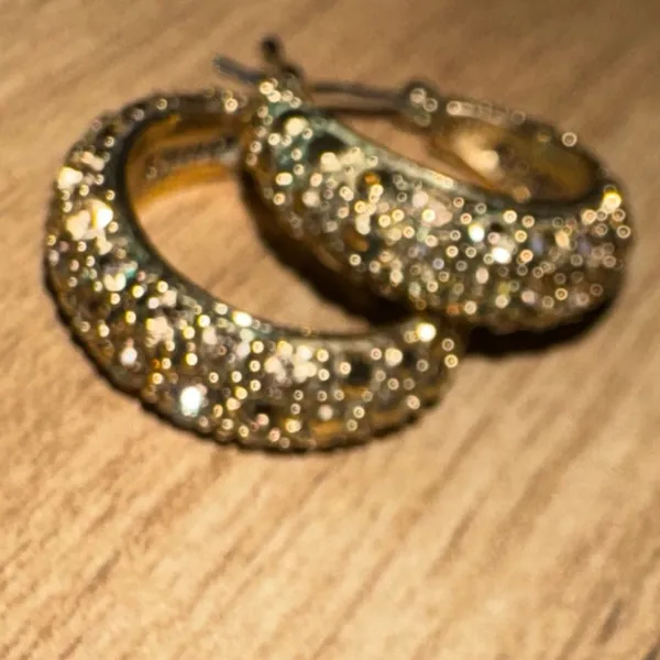 Monet Vintage Estate Gold Textured Pave Rhinestone Demi Hoop‎ Pierced Earrings - Image 3