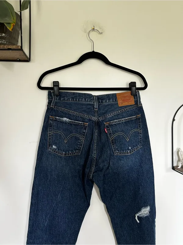 Levi’s 501 Premium Denim Distressed High Rise‎ Straight Leg Blue Jeans Size 28 - Image 3