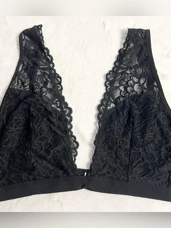 Xhilaration Black Deep Plunge Wire Free Lace Bralette Size Large - Image 4