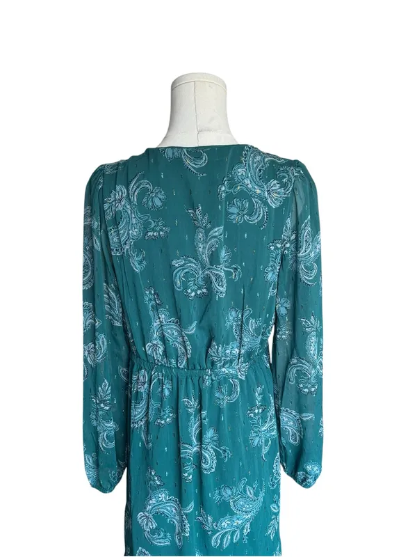 Lucky Brand - NWT Teal Paisley Chiffon Midi Dress Long Sleeve Metallic Sz M - Image 6
