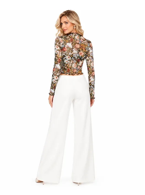 Alice + Olivia Floral Semi-Sheer Mock Neck Long Sleeve Cropped Mesh Top - Image 3