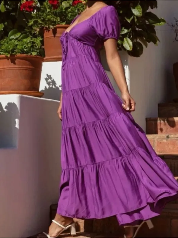 idem Ditto Women's Purple Tiered Maxi Dress with Puff Sleeves - Image 2
