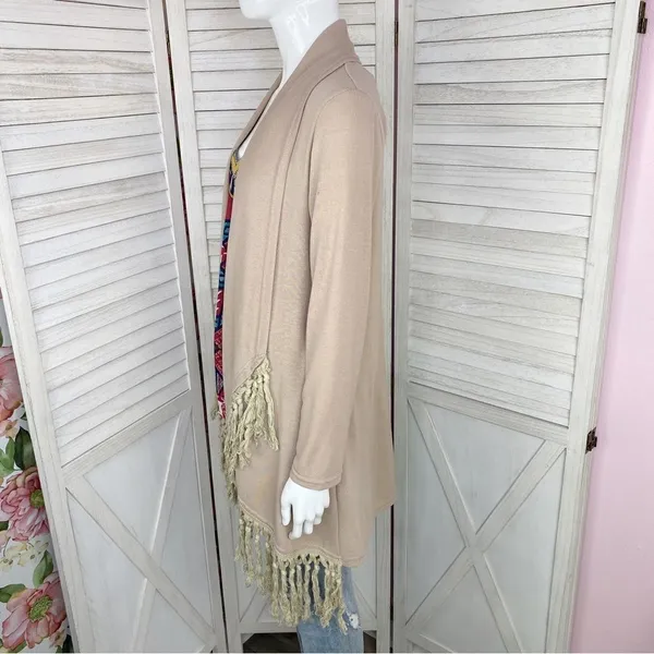 Boho‎ Fringe Hem Waterfall Cardigan Knit Khaki Tan Small Open Front Long Sleeve - Image 2
