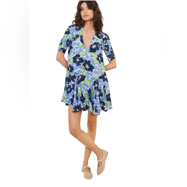 Free People Floral Mini Dress Blue Green Flowy‎ V Neck Size LG Moon Chaser - Image 13