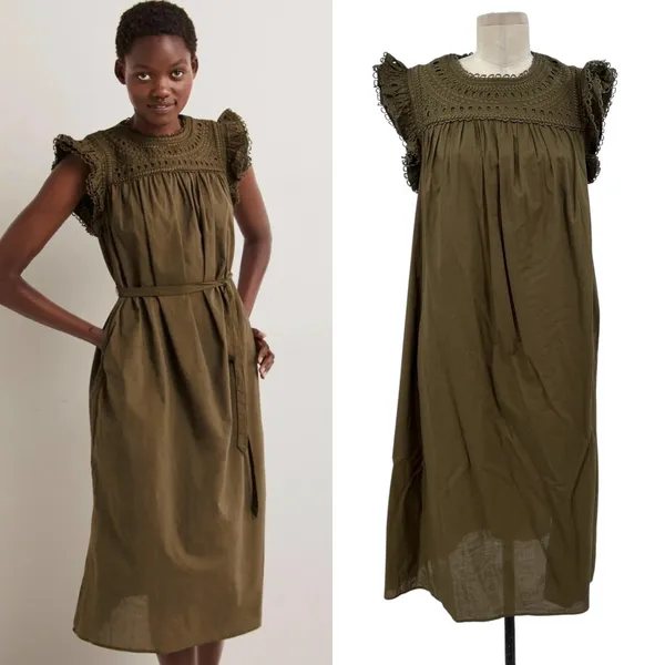 Boden Broderie Detail Midi Dress Eyelet Cotton Olive Green Size US 8P‎ Petites - Image 2
