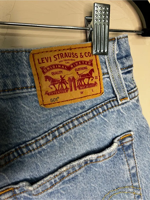 Levi’s 501 High Rise Distressed Raw Hem Button Fly Frstuval Cowgirl Denim Shorts - Image 7