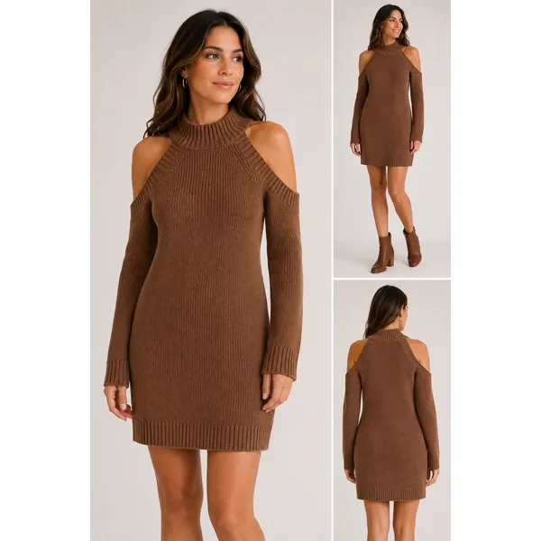 Abercrombie & Fitch Brown Cold Shoulder Mock Neck Ribbed Sweater Dress Small - Image 10