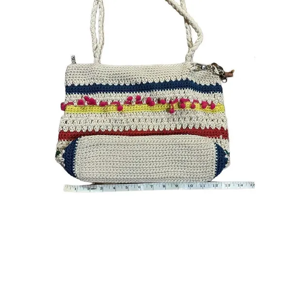 The Sak Crocheted Shoulder Bag‎ Medium Handbag Stripes with pink pom pom row - Image 4