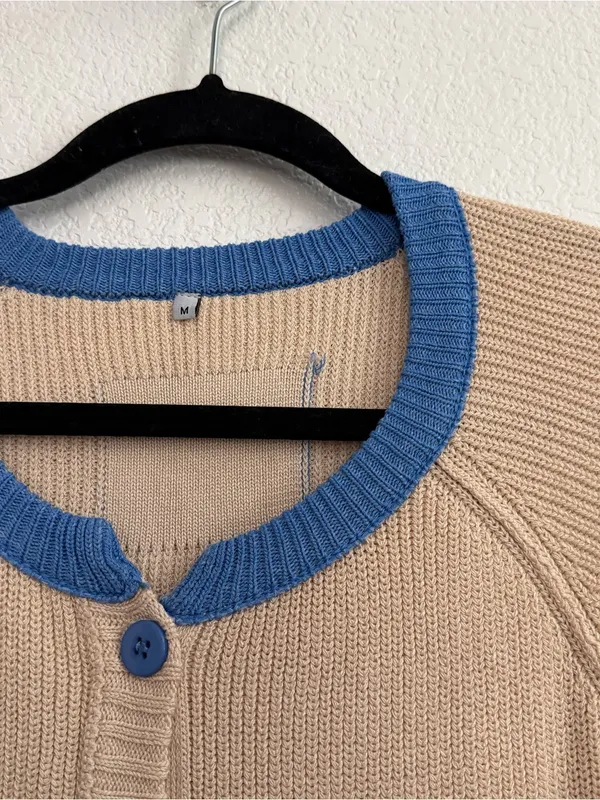Blue Cream Button Front Cardigan Medium - Image 3
