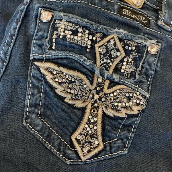 Miss Me Signature Skinny Crop Jeans Dark Wash 24 Angel Wing Cross - Image 6