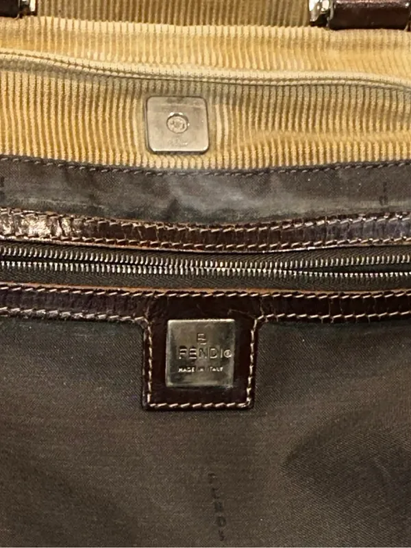 FEND Corduroy Mini Bag with Dark Brown Leather Wrapped Handles & Silver Hardware - Image 12