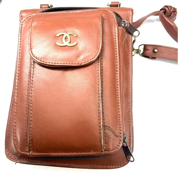 CC Designer LOGO Vintage 70's cognac faux leather crossbody bag Purse Luxury - Image 2