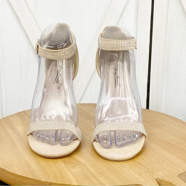 Anne Michelle Enzo‎ Rhinestone Faux Suede Strappy Heels Tan Open Toe 7.5 - Image 3