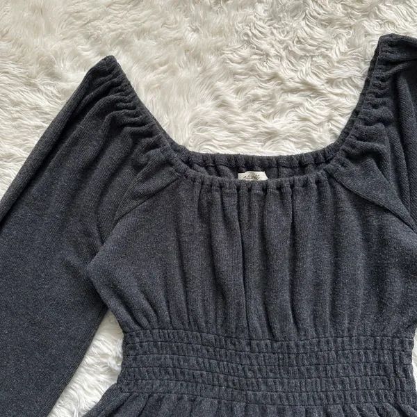 Sweater Plush Square-Neck Smocked Top Long Sleeve Dark Gray M - Image 6