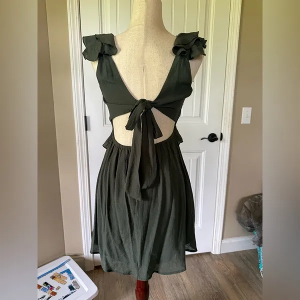 MI AMI Olive Green Ruffle V Neck Open Back Tie Mini‎ Dress Women's Size S - Image 2
