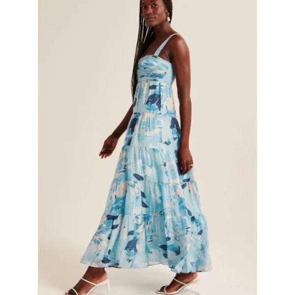 Abercrombie & Fitch Blue Print Ruched Tiered Babydoll Maxi Dress Size S NWT - Image 8
