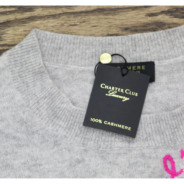 NWT Charter Club Women's Cashmere L'Amour Embroidered Crewneck Sweater Gray M - Image 9