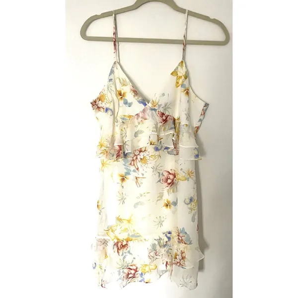 Lulus Sip of Chardonnay Cream Floral Print Ruffled Mini Dress Strappy Lined XL - Image 2