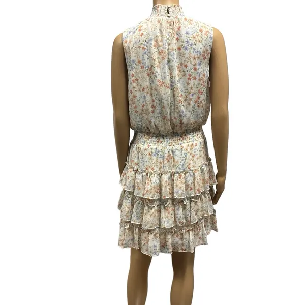 MSK Cream Floral High Neck Sleeveless Ruffled Tiered Mini Dress Womens Medium - Image 4