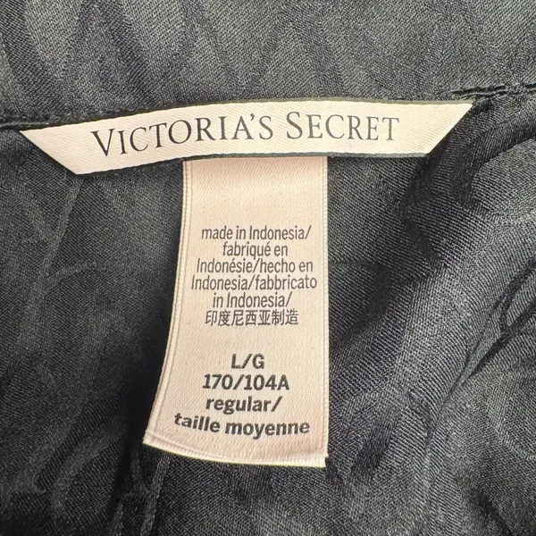 Victoria's Secret Satin Pajama Set Black Pink Logo Print Long‎ Sleeve Pants L M - Image 3