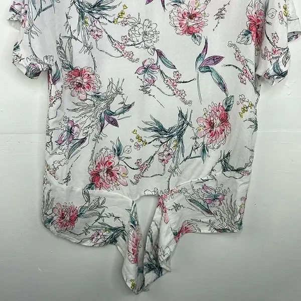 Buffalo David Bitton Top Womens White Floral Print Front Tie Blouse Small - Image 4