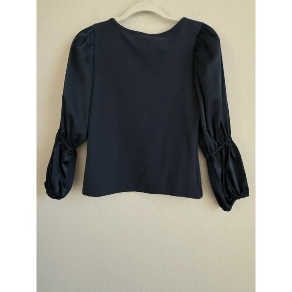 Anthropologie Maeve Blue‎ Ribbed Satin Tiered Balloon Sleeve Cropped Top Size S - Image 4