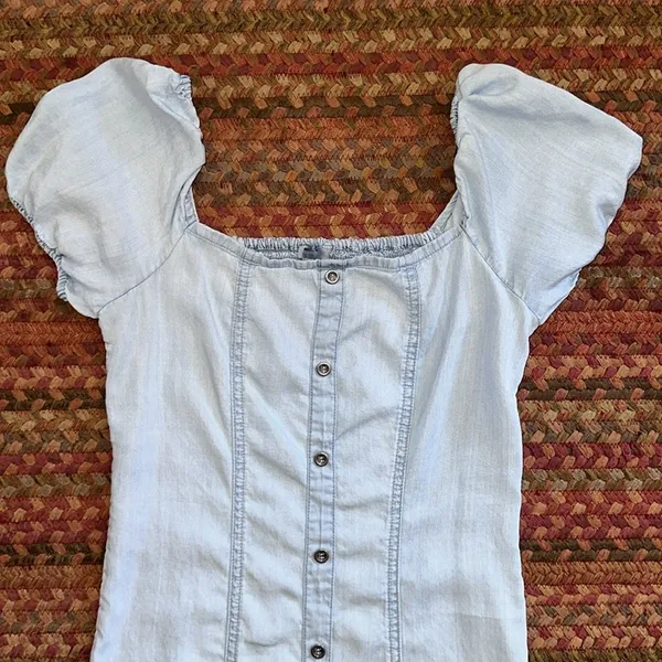 Love Tree Light Blue Faux Button Front Ruched Back Country Western Dress - Image 2