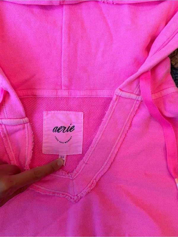 Aerie Bright Pink V-Neck Distressed Hoodie Sweatshirt - Image 3