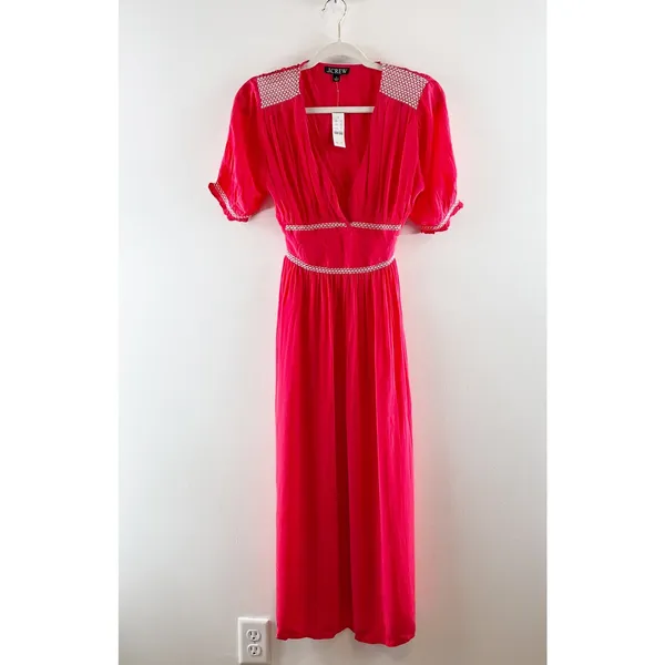 J. Crew Smocked-Trim Short Sleeve Midi Slip Dress in Crepe De Chine Red 6 - Image 3