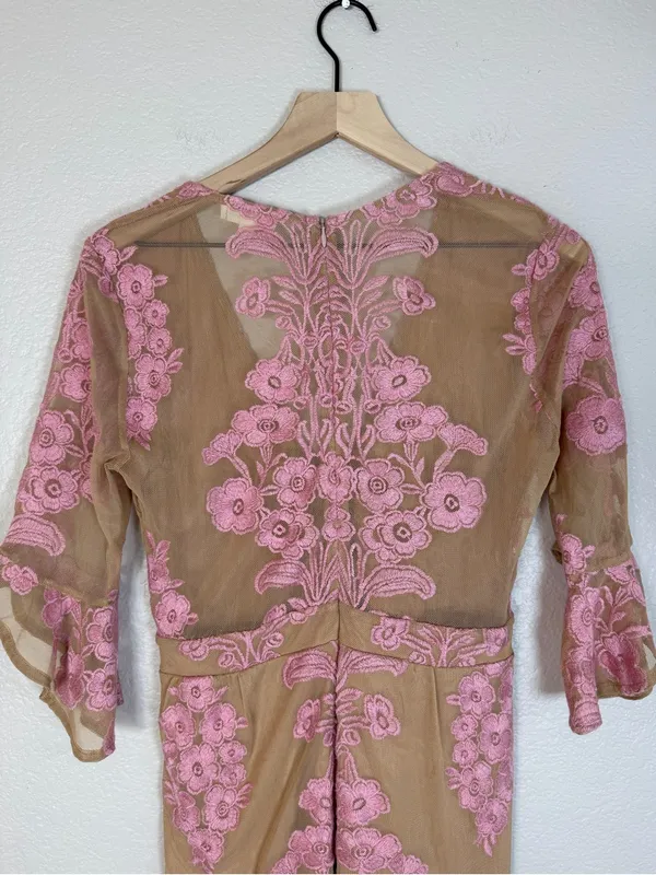 For Love & Lemons Temecula Mesh Embroidered Mini Dress in Nude Rose Pink Large - Image 10