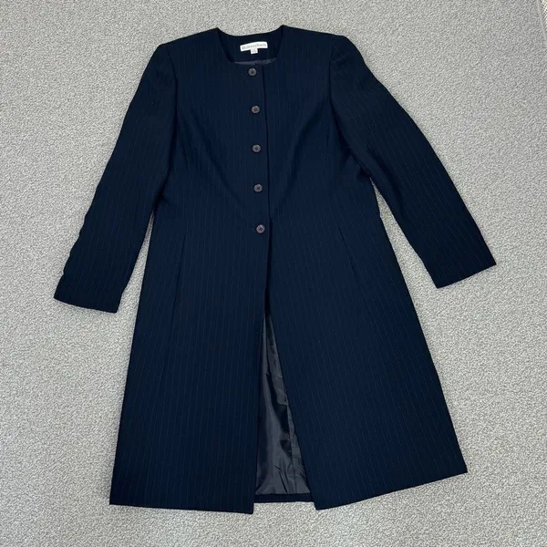 Dress Barn Pinstripe Long Line Blazer‎ Jacket Blue Tan 10 Suit Coat - Image 16