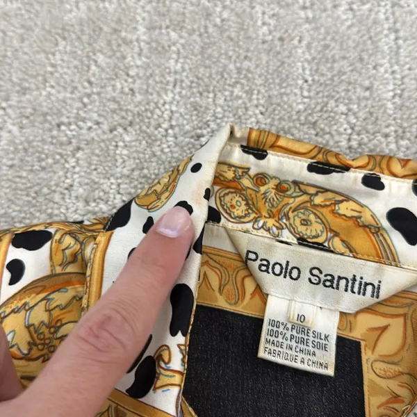 VTG 80s 90s Paolo Santini 100% silk blouse Dalmatian cherub print black white - Image 5