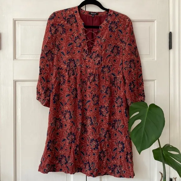 Madewell Size Large 100% Silk Assam Floral Babydoll Dress LaceUp Fall Rust Print - Image 5