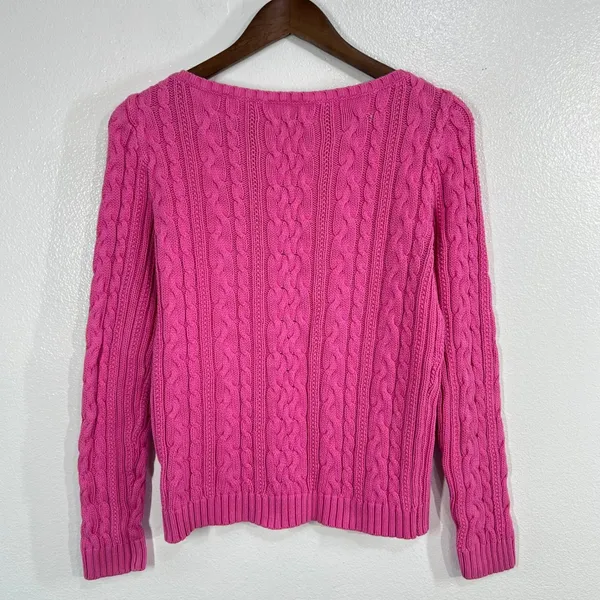Lauren Ralph Lauren Cable Knit Sweater Womens M Pink Cotton Crew Neck Preppy - Image 2