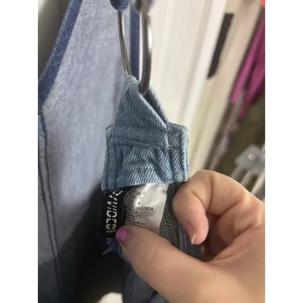 H&M Blue Patchwork Denim Overall Mini Dress 4 Pocket Mixed Media Distressed - Image 7