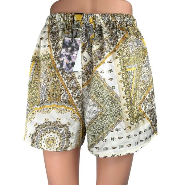 NEW Cider Yellow White Jacquard High Waist Pull On Casual Mini Shorts Size M - Image 3