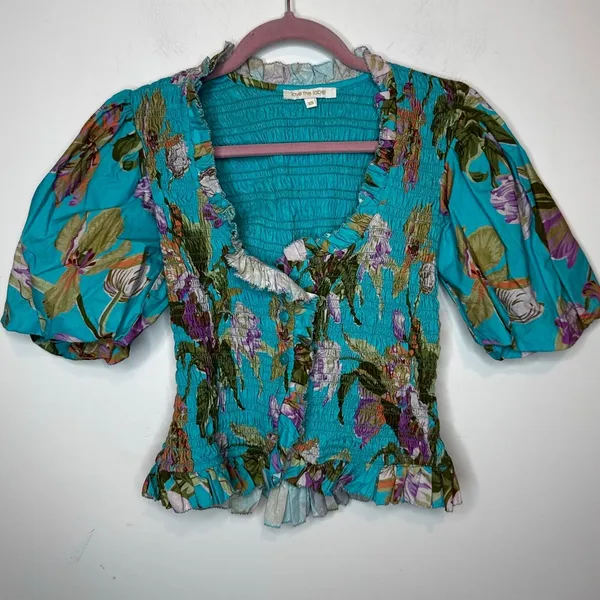 Love The Label Green Floral Ruffle Puff Short Sleeve Cotton Blouse Size XS - Image 2