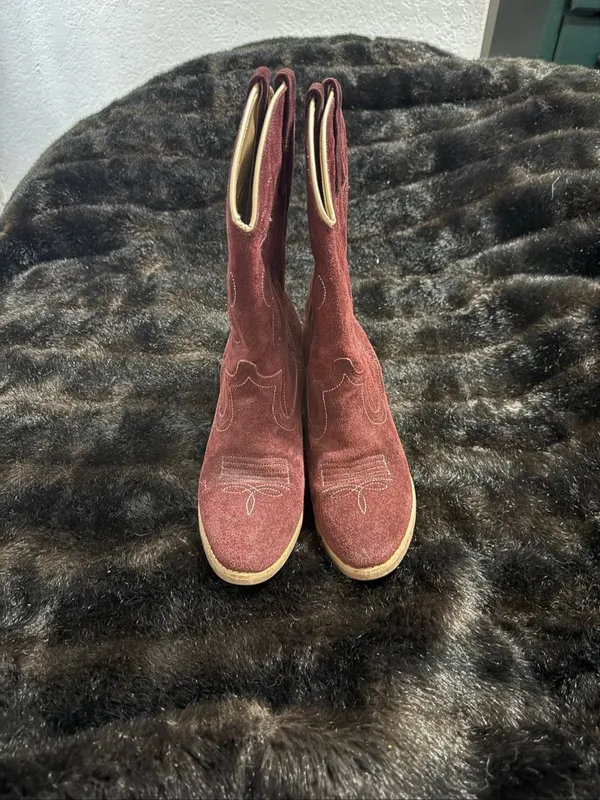 Vintage Red burgundy leather suede embroidered western cowboy boots 7.5 - Image 3