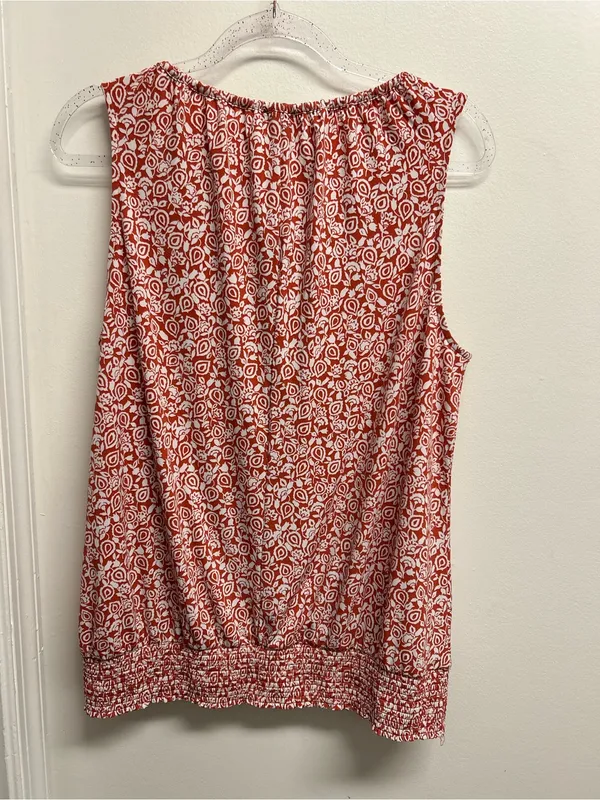 Sleeveless Printed Tie-Neck Blouse - Coral White - Image 3