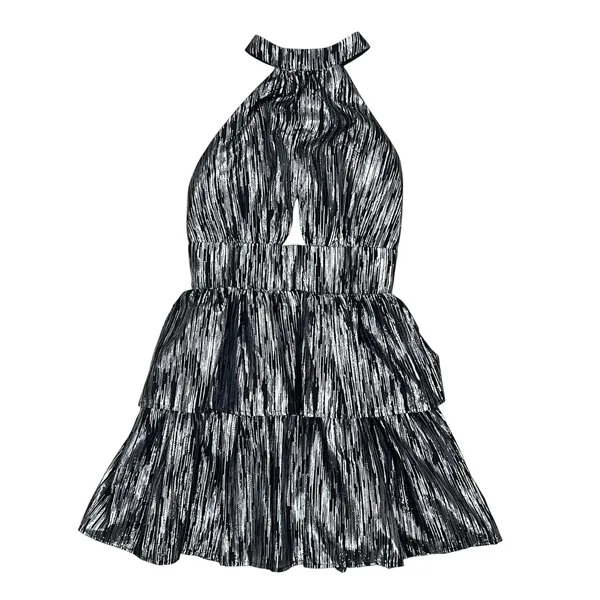 Lulus Divine Disco Black Metallic Silver Halter Tiered Mini Dress Size Small - Image 2