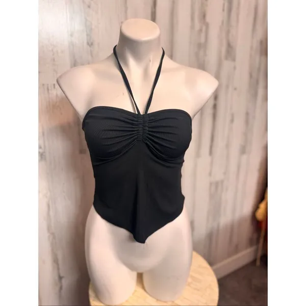 Romwe Crop Top Womens Medium Black Ribbed Halter Neck Ruched Handkerchief Hem - Image 3