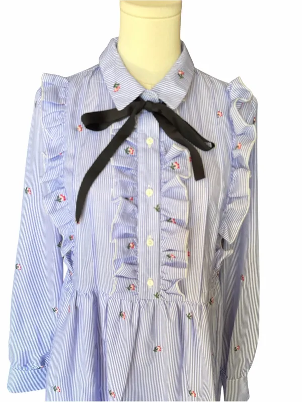 English Factory - Blue Pinstripe Floral Embroidered Ruffle Bow Dress Sz S - Image 3